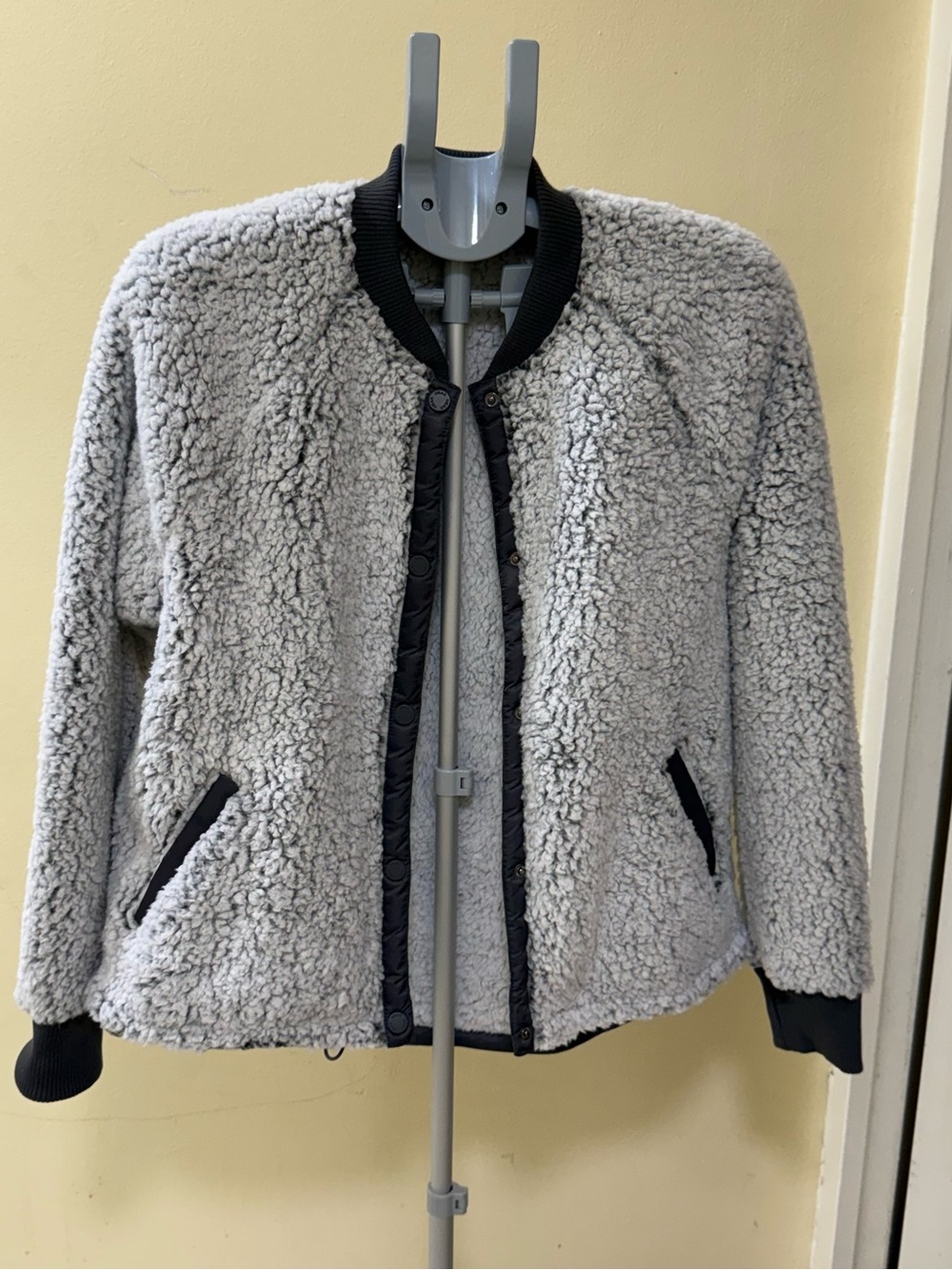 Plush Grey Teddy Bomber Jacket with Black Trim